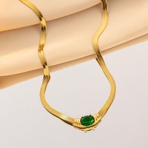 24K Gold Snake Chain Necklace*Simulated Emerald*Sleek Contemporary Waterproof